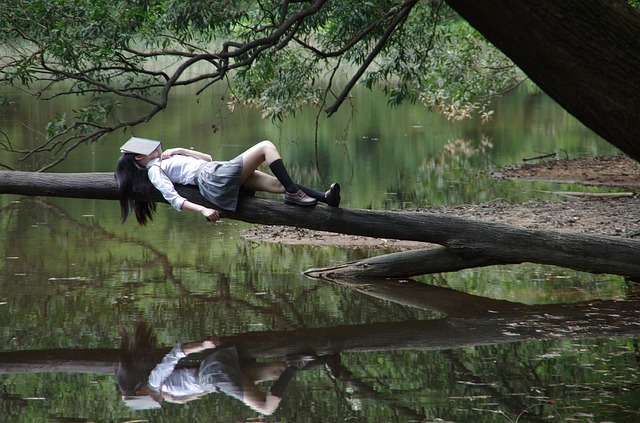 Sleepy reader on a log