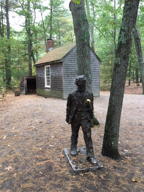 Replica of Thoreau's cottage and statue of Thoreau near Walden Pond.