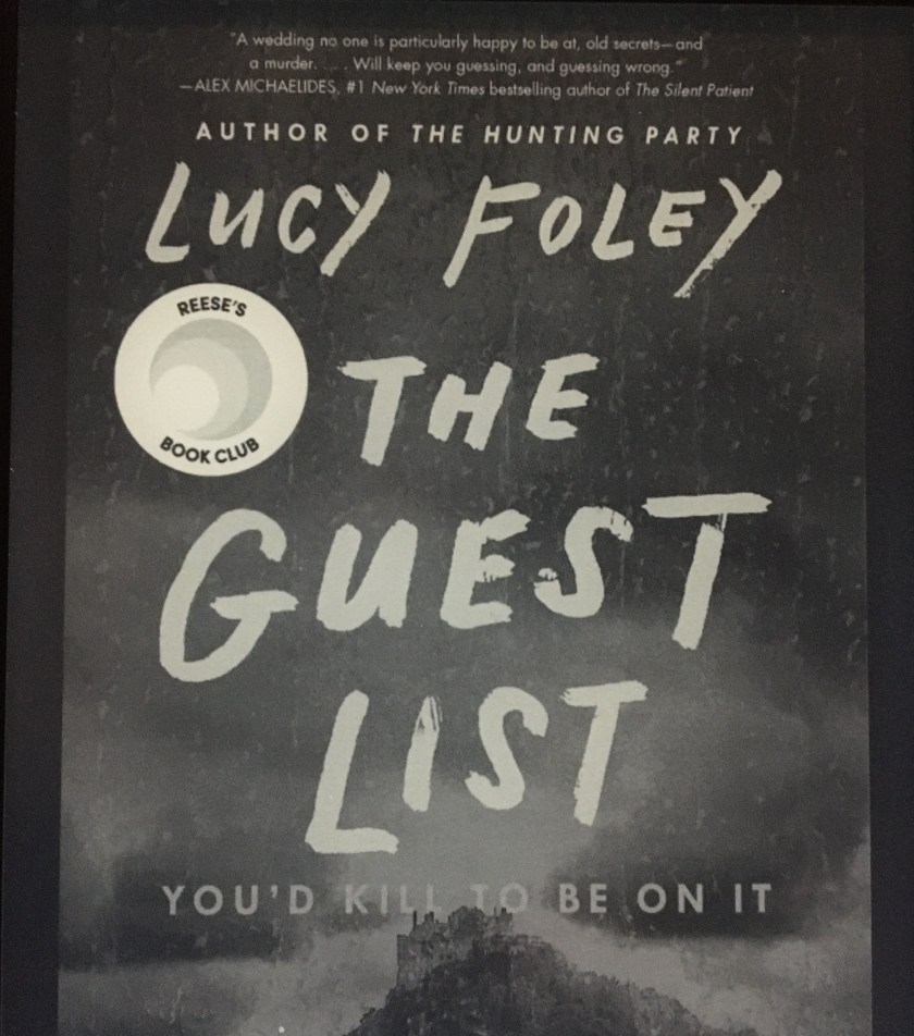 Photograph (taken by Rita E. Gould) of the Kindle cover for The Guest List by Lucy Foley.
